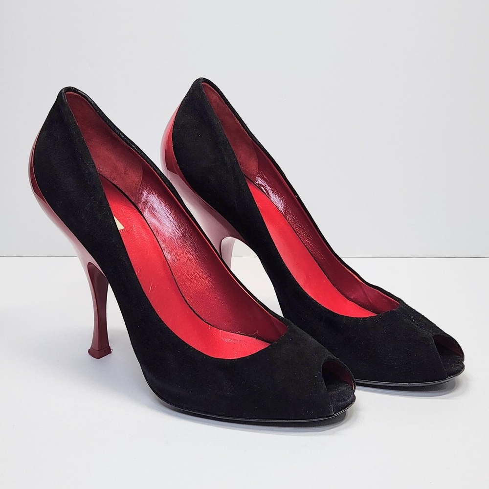 Miu Miu Heels Womens Size 38.5 (US 8/8.5) Black Suede Peep Toe Red High Stiletto